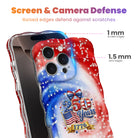 Trendy wavy iPhone case featuring a patriotic red, white, and blue marble swirl pattern covered in white stars with a central 250 Years 1776 flag emblem.
