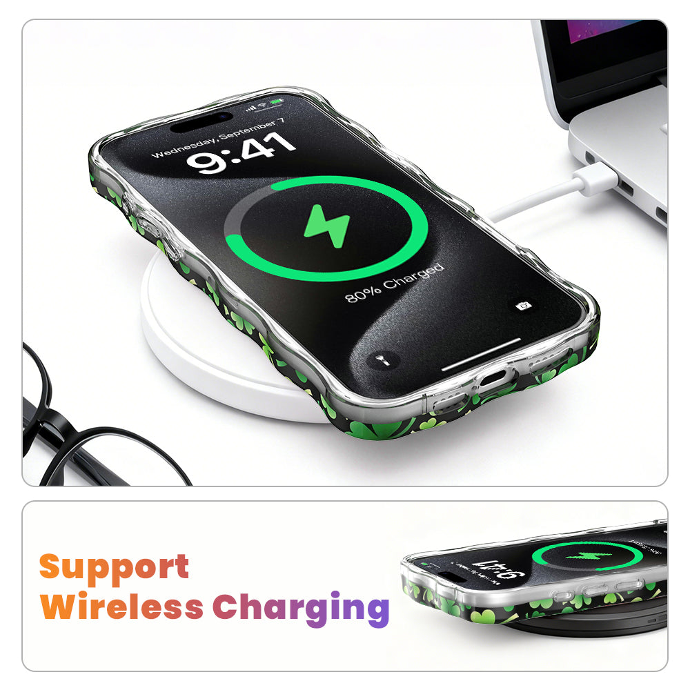 Black wavy iPhone case featuring a vibrant pattern of green shamrocks and clovers.