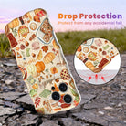 Drop protection diagram for the All The Fall Things Wavy Luxe iPhone case, showing the shock-absorbing raised edges that protect the cream watercolor fall print against accidental falls.