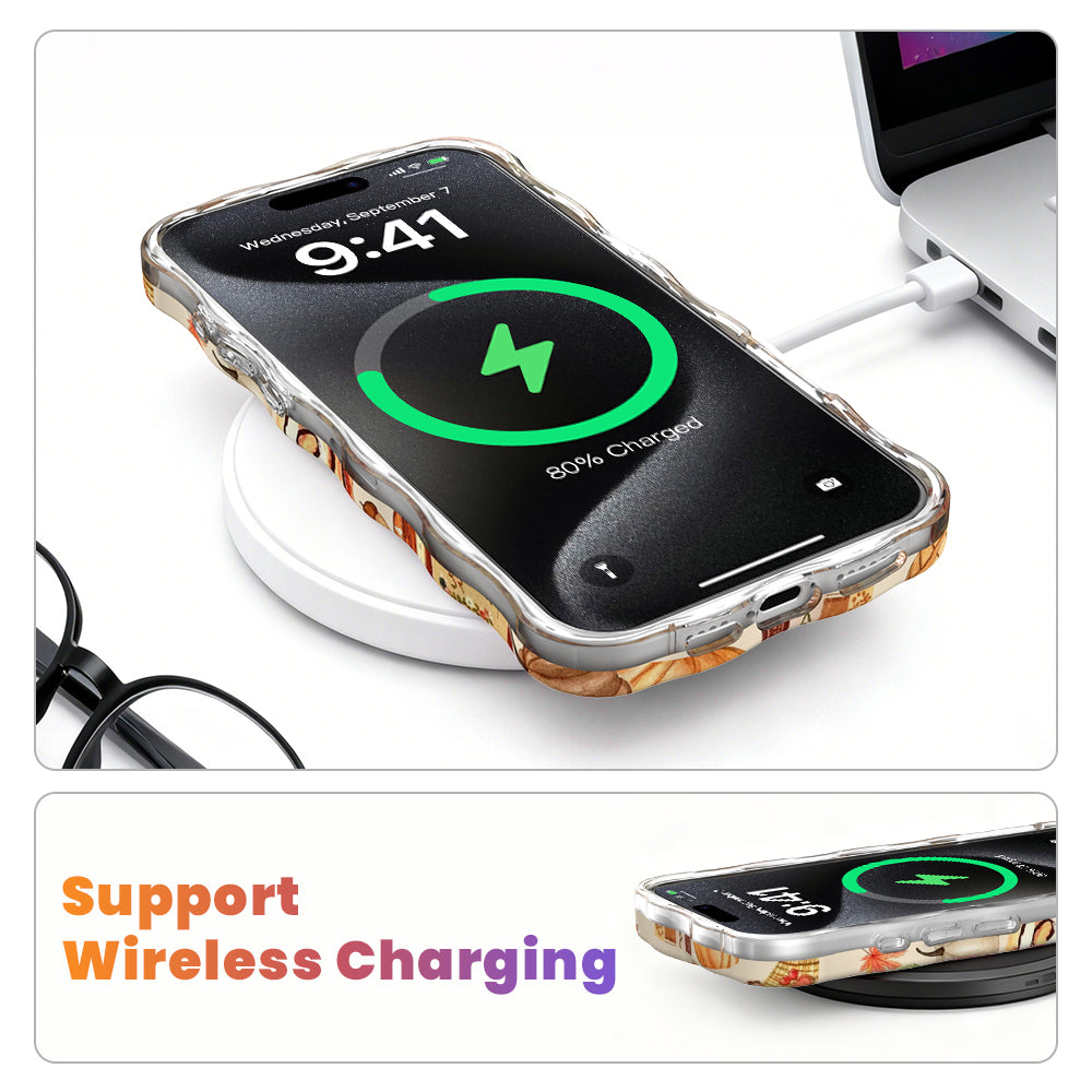Wireless charging diagram showing the All The Fall Things Wavy Luxe iPhone case charging on a MagSafe pad with the case still on.