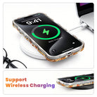 Wireless charging diagram showing the All The Fall Things Wavy Luxe iPhone case charging on a MagSafe pad with the case still on.