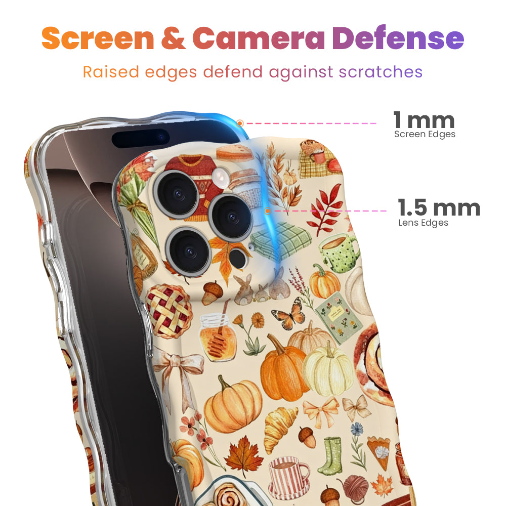 Screen and camera defense diagram for the All The Fall Things iPhone case, showing the 1 mm raised screen edge and 1.5 mm raised lens edge that guard against scratches.