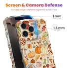 Screen and camera defense diagram for the All The Fall Things iPhone case, showing the 1 mm raised screen edge and 1.5 mm raised lens edge that guard against scratches.