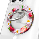 Berry Cute Blooms strawberry and daisy pattern MagSafe phone grip ring on pink background compatible with iPhone and Samsung