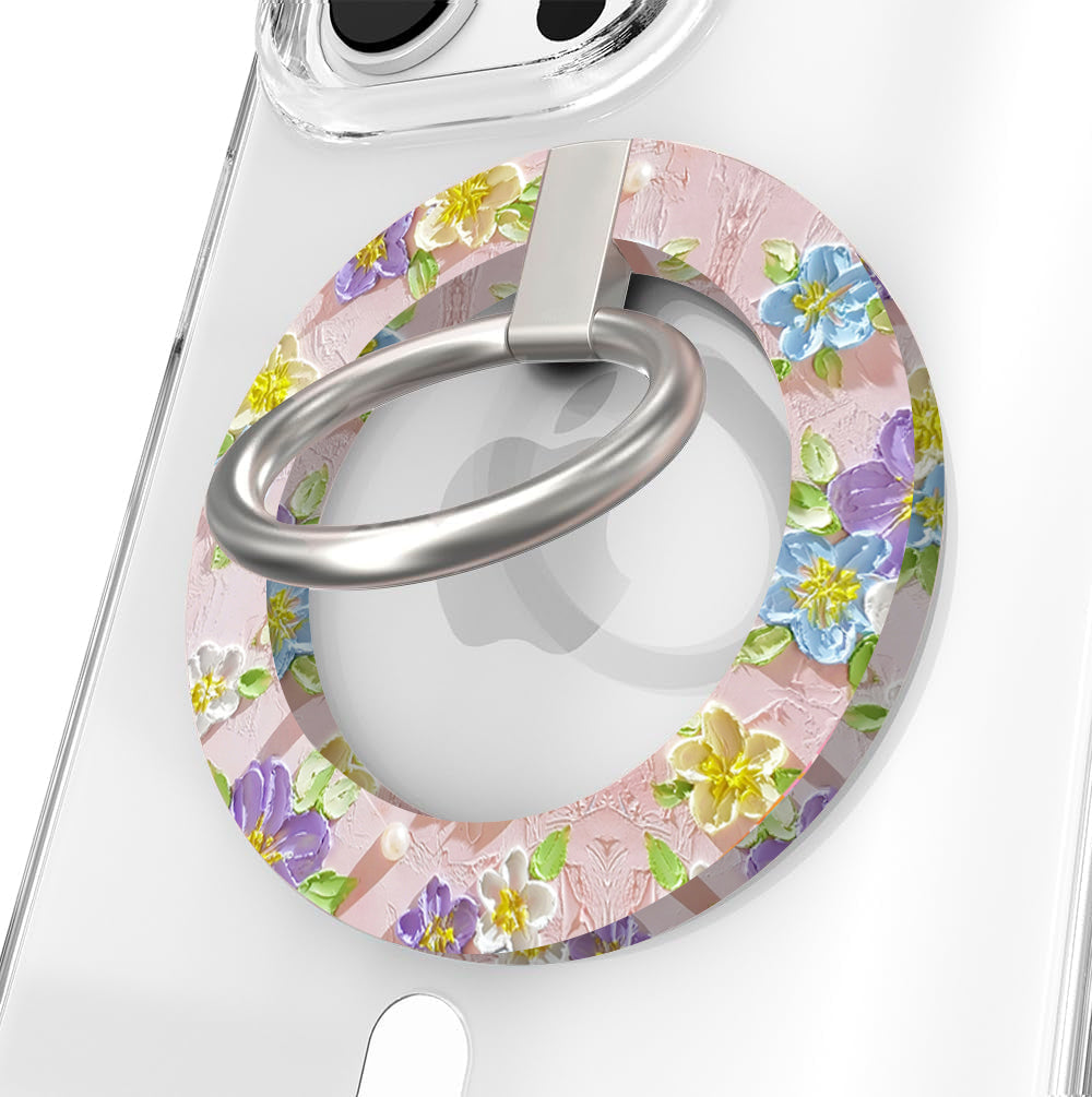 Blushing Bouquet textured oil painting style MagSafe phone grip ring with purple and yellow flowers on pink background compatible with iPhone and Samsung