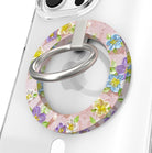 Blushing Bouquet textured oil painting style MagSafe phone grip ring with purple and yellow flowers on pink background compatible with iPhone and Samsung