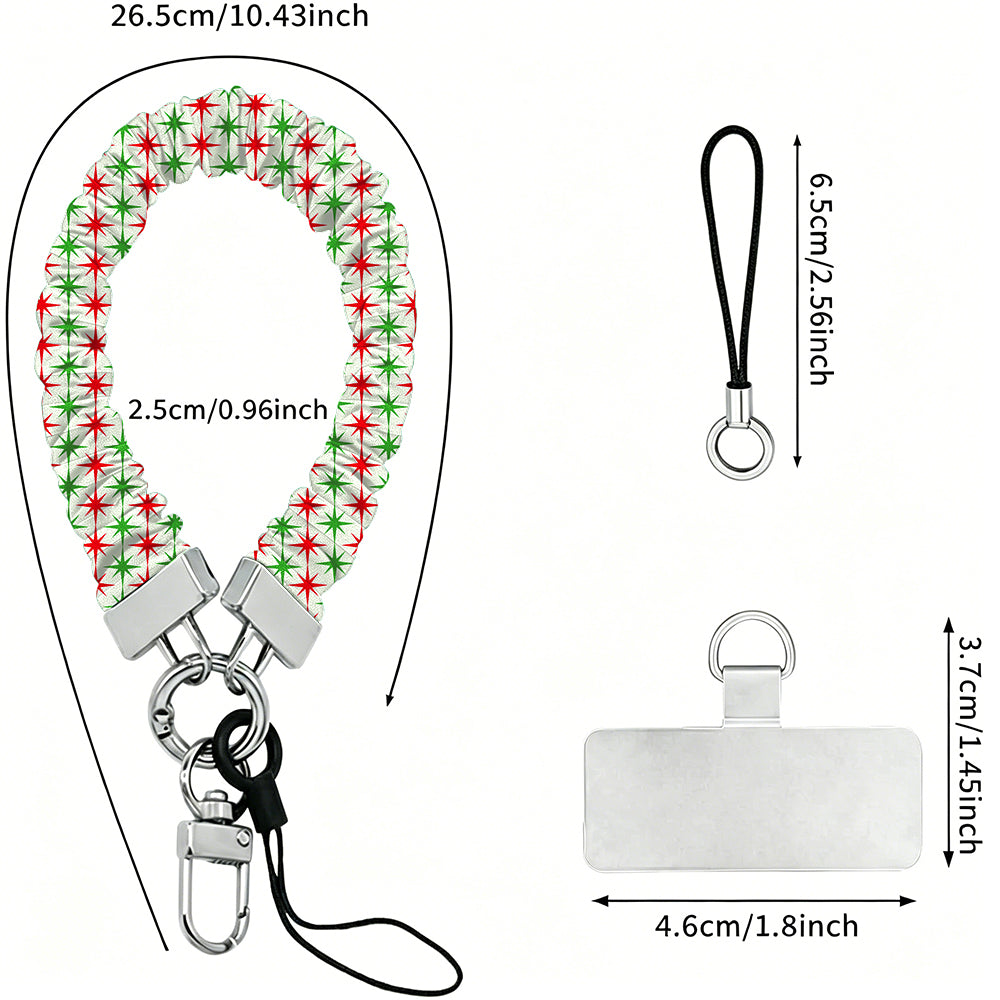 Scrunchie phone wrist strap dimensions: 26.5 cm strap, 2.5 cm wide, 6.5 cm loop, 4.6 x 3.7 cm phone tab