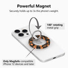Powerful magnet diagram for the Haunted Blossoms MagSafe grip ring, showing the 180 degree rotating metal grip that holds up to three times the phone's weight on MagSafe iPhone 12 and later.