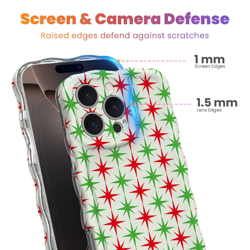 Tinsel & Stardust iPhone case with 1 mm raised screen edges and 1.5 mm raised camera lens edges, red and green retro star print