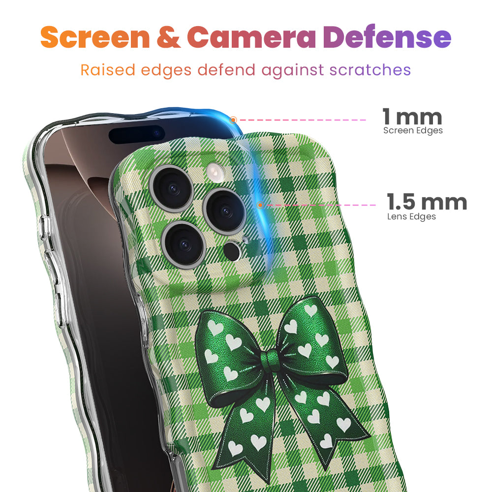 Light green gingham wavy iPhone case featuring a large green bow with white hearts in the center.