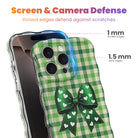 Light green gingham wavy iPhone case featuring a large green bow with white hearts in the center.