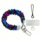 The Neon Taffy scrunchie phone wrist strap shown on its own in swirled neon marble, with the silver lobster clasp, black loop cord and phone attachment tab.