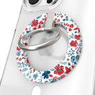 Red White and Bloom patriotic floral MagSafe phone grip ring with red navy and light blue watercolor flowers on a white background compatible with iPhone and Samsung