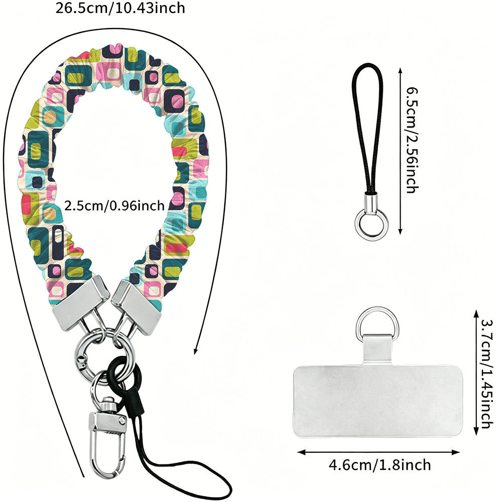 Size diagram for the Mod Mood Scrunchie Phone Wrist Strap, showing the 26.5 cm loop, 2.5 cm width and 4.6 cm phone attachment tab.