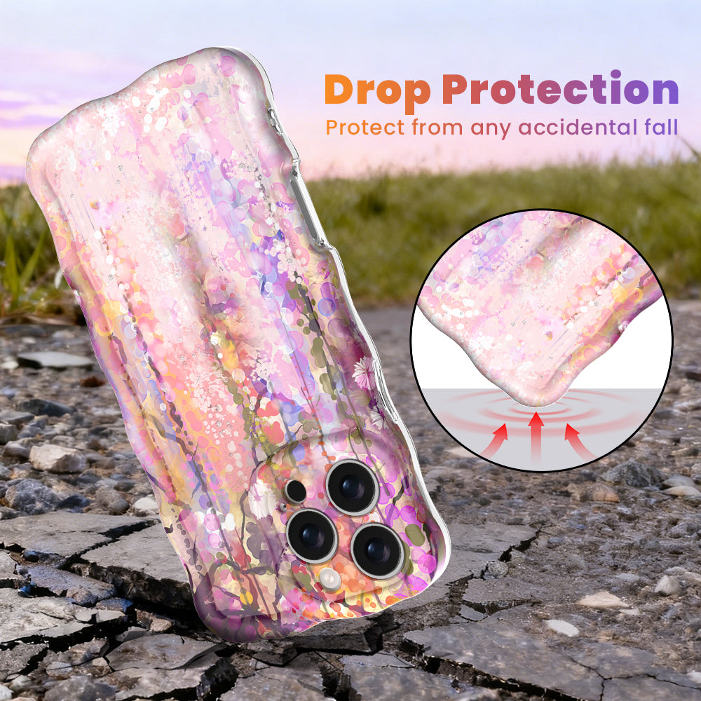 Wavy iPhone case featuring a dreamy watercolor floral pattern with dripping paint details in purple, pink, and orange with a high-gloss finish.