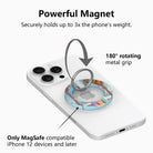 Sweet Summer MagSafe phone grip ring featuring surfboards leaning against palm trees on a tropical beach with ocean waves and a blue sky