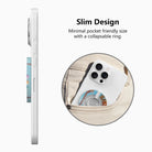 Sweet Summer MagSafe phone grip ring featuring surfboards leaning against palm trees on a tropical beach with ocean waves and a blue sky