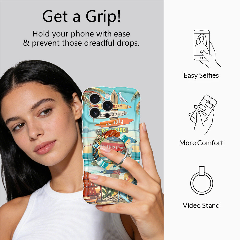 Seaside State of Mind MagSafe phone grip ring featuring Adirondack chairs on a tropical beach with ocean waves and sunset sky