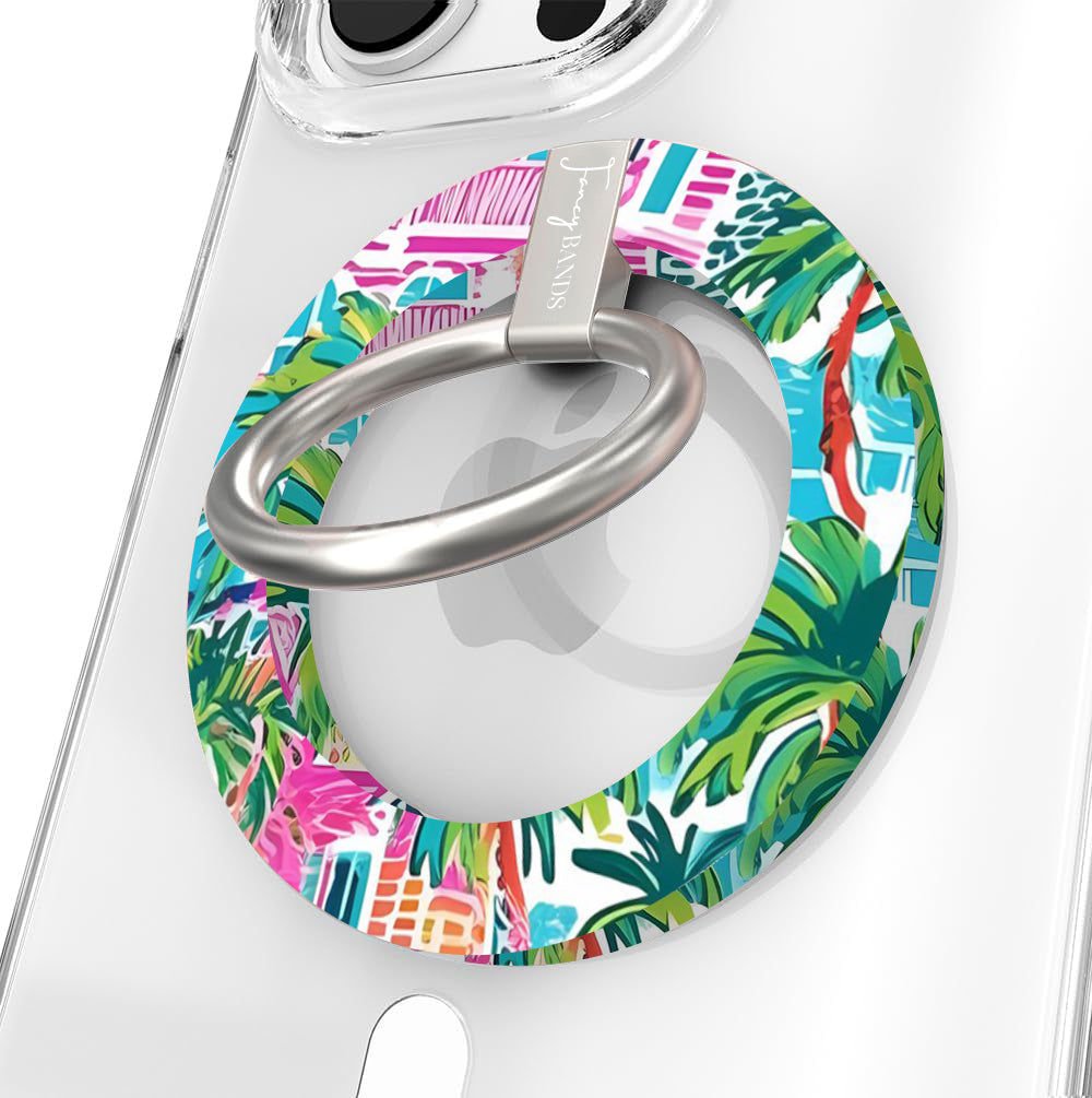 La Palma Villa tropical pattern MagSafe phone grip ring with pink and orange architecture and green palm leaves compatible with iPhone and Samsung