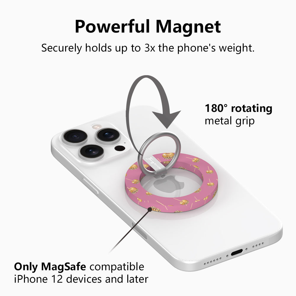 Powerful magnet diagram for the Caramel Coated Cutie MagSafe grip ring, showing the 180 degree rotating metal grip that holds up to three times the phone's weight on MagSafe iPhone 12 and later.