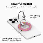 Powerful magnet diagram for the Caramel Coated Cutie MagSafe grip ring, showing the 180 degree rotating metal grip that holds up to three times the phone's weight on MagSafe iPhone 12 and later.