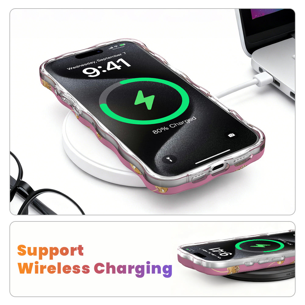 Wireless charging diagram showing the Caramel Coated Cutie Wavy Luxe iPhone case charging on a MagSafe pad with the case still on.