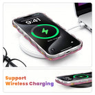 Wireless charging diagram showing the Caramel Coated Cutie Wavy Luxe iPhone case charging on a MagSafe pad with the case still on.