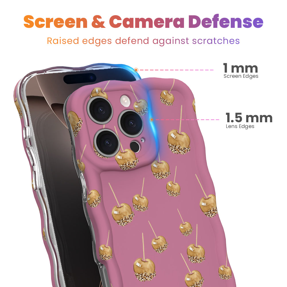 Screen and camera defense diagram for the Caramel Coated Cutie iPhone case, showing the 1 mm raised screen edge and 1.5 mm raised lens edge that guard against scratches.