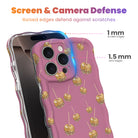 Screen and camera defense diagram for the Caramel Coated Cutie iPhone case, showing the 1 mm raised screen edge and 1.5 mm raised lens edge that guard against scratches.