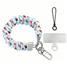 Holiday Spirits, Please? scrunchie phone wrist strap laid flat with silver clasp and phone tab, holiday cocktails and bows on powder blue