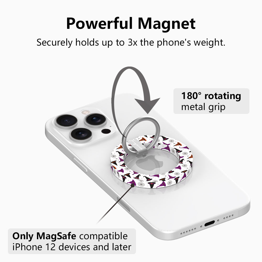 Powerful magnet diagram for the Witch Please MagSafe grip ring, showing the 180 degree rotating metal grip that holds up to three times the phone's weight on MagSafe iPhone 12 and later.