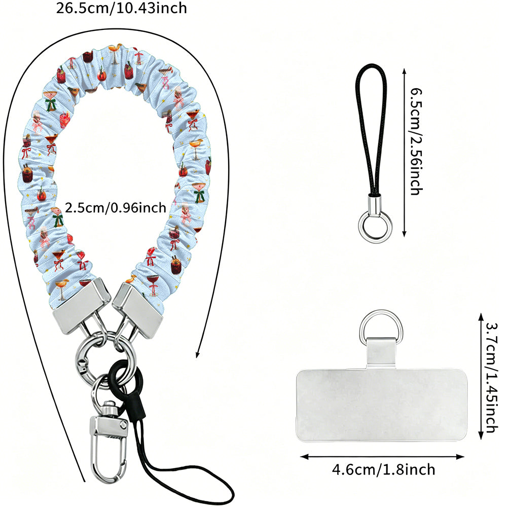Holiday Spirits, Please? scrunchie wrist strap dimensions: 26.5 cm strap, 2.5 cm wide, 6.5 cm loop, 4.6 x 3.7 cm phone tab