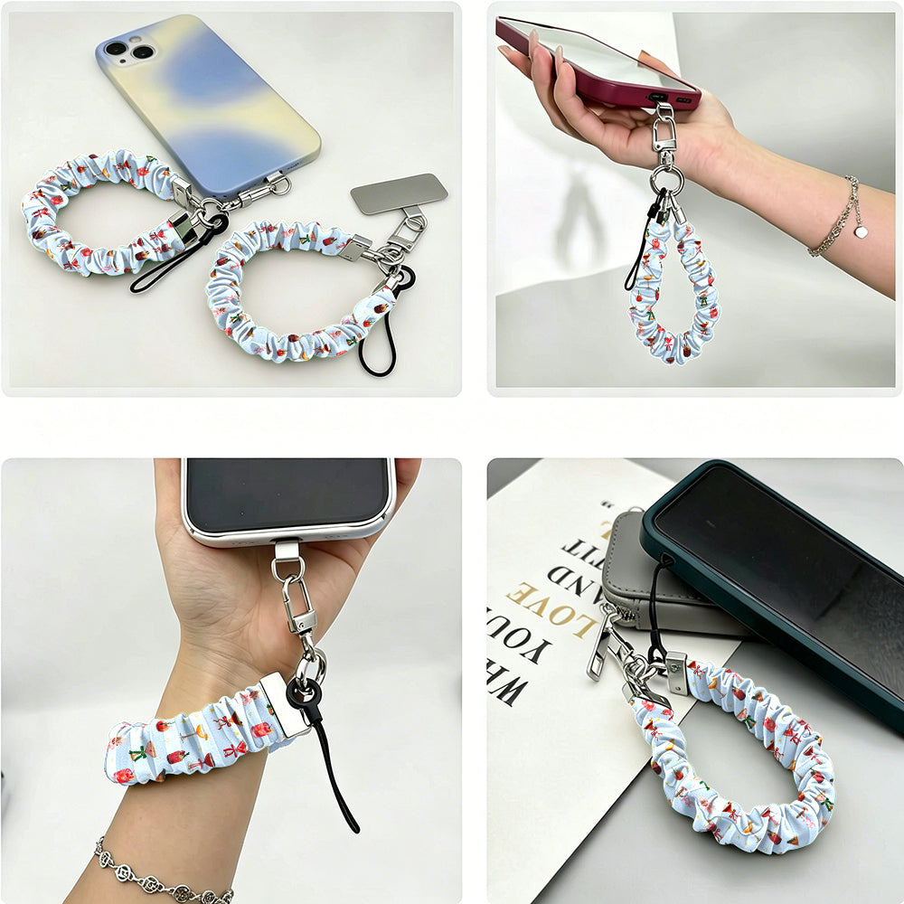 Four views of the Holiday Spirits, Please? scrunchie phone wrist strap: with its phone tab, dangling from a phone in hand, worn on the wrist, and clipped to a bag