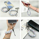 Four views of the Holiday Spirits, Please? scrunchie phone wrist strap: with its phone tab, dangling from a phone in hand, worn on the wrist, and clipped to a bag