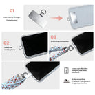 3 steps to attach a Holiday Spirits, Please? scrunchie phone wrist strap: pass the tab through the charging port, fit the case, clip on the wrist strap