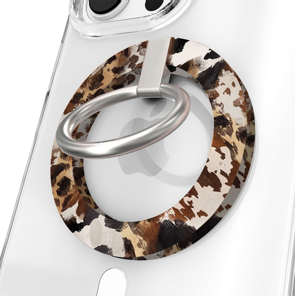 Rodeo Wild western cowhide pattern MagSafe phone grip ring with brown and black spots compatible with iPhone and Samsung