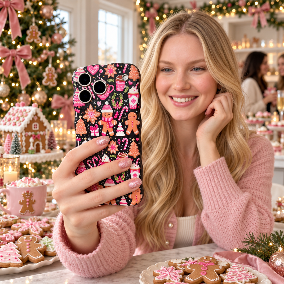 Blonde woman in a pink sweater taking a selfie with her Merry Mugs & Ginger Hugs iPhone case at a Christmas cookie table