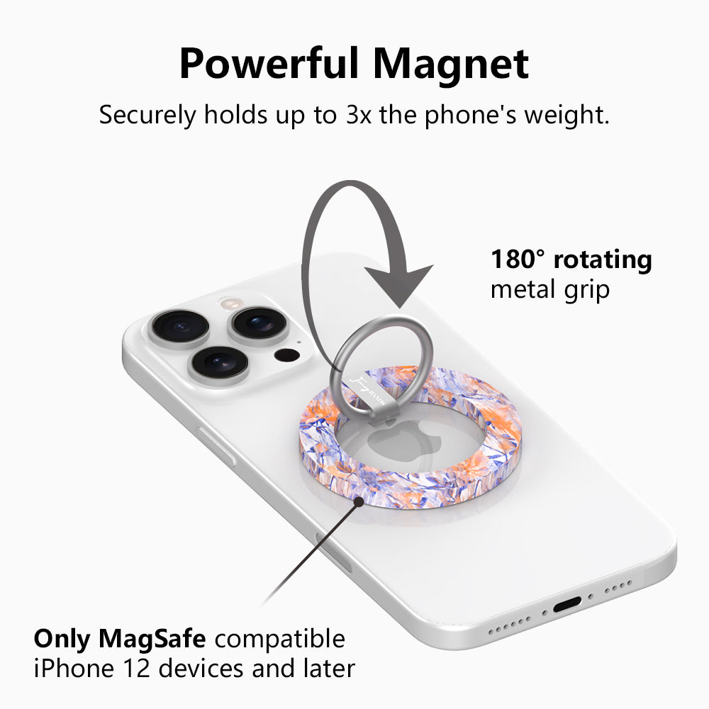 Where Dreams Bloom painterly floral MagSafe phone grip ring with periwinkle purple and orange impressionistic flowers compatible with iPhone and Samsung