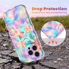 Trendy wavy iPhone case featuring an iridescent swirly pattern in pastel pink, blue, yellow, and lavender with a high-gloss finish.