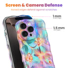 Trendy wavy iPhone case featuring an iridescent swirly pattern in pastel pink, blue, yellow, and lavender with a high-gloss finish.