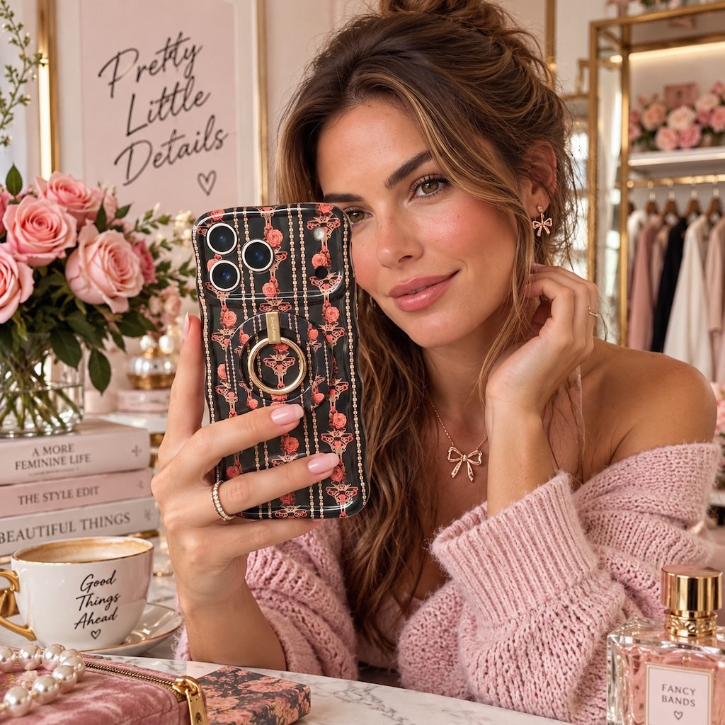 Woman in a pink off-shoulder sweater holding the Pretty Little Details iPhone case with its matching grip ring beside pink roses and a Pretty Little Details sign.