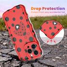 Bright red wavy iPhone case with large black polka dots and a central ladybug featuring a white heart on its wing.