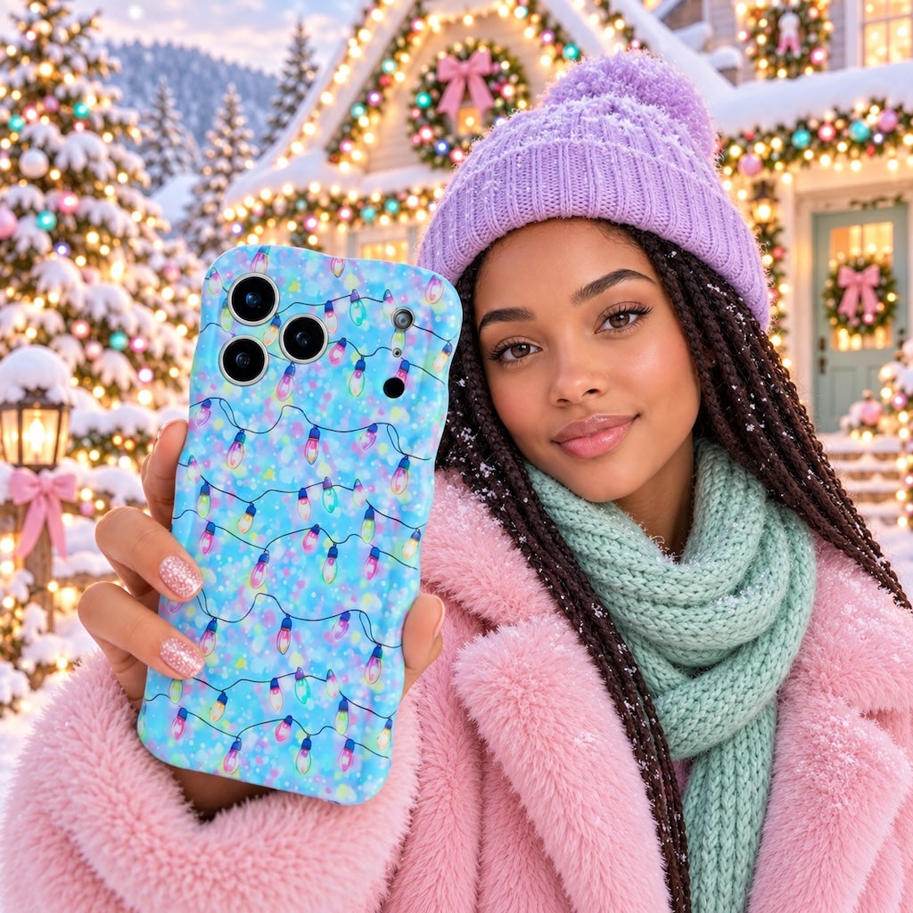 Woman in a lilac beanie and fluffy pink coat holding the Twinkle All The Way iPhone case in front of a house strung with Christmas lights