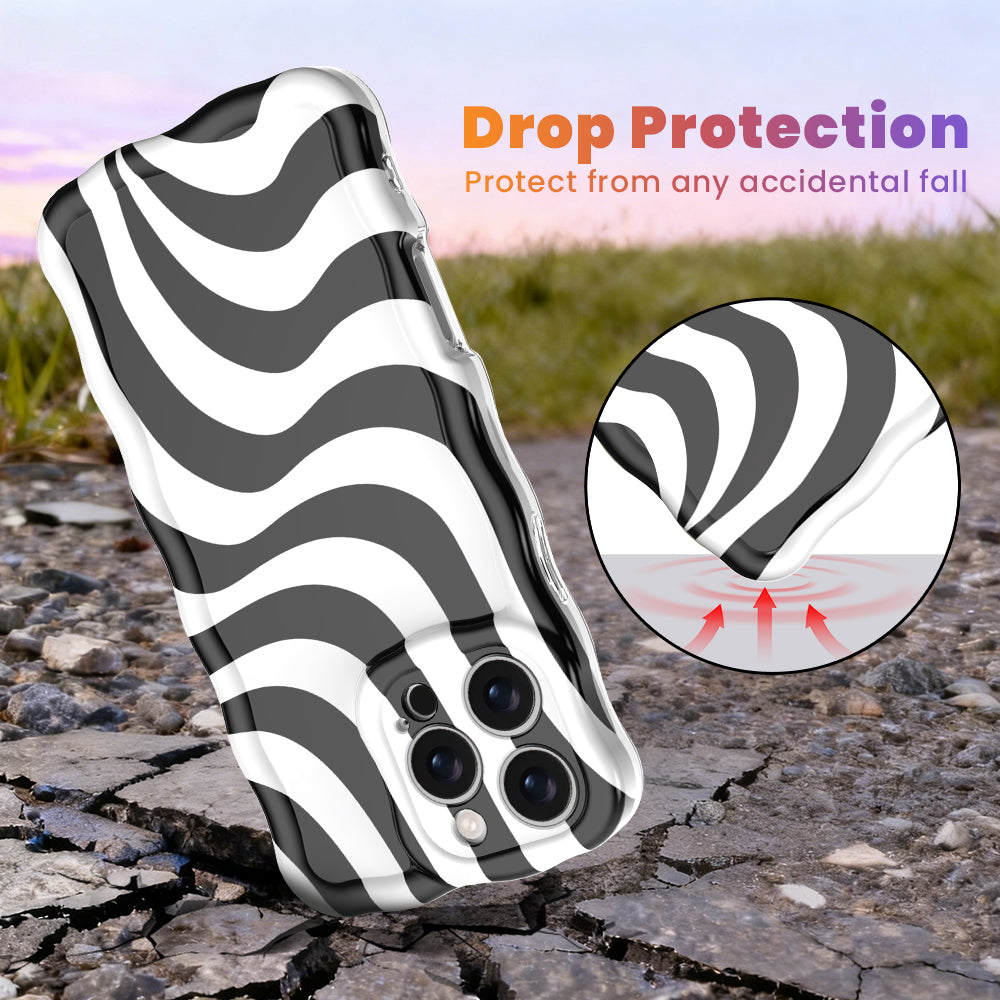 Wavy iPhone case featuring a bold black and white swirly striped pattern with a high-gloss finish.