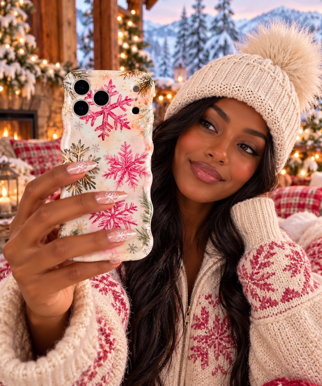 Woman with long dark hair in a cream beanie and pink snowflake cardigan holding up the Champagne Snowfall iPhone case in a snowy log cabin