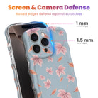 Screen and camera defense diagram for the Autumn Breeze iPhone case, showing the 1 mm raised screen edge and 1.5 mm raised lens edge that guard against scratches.