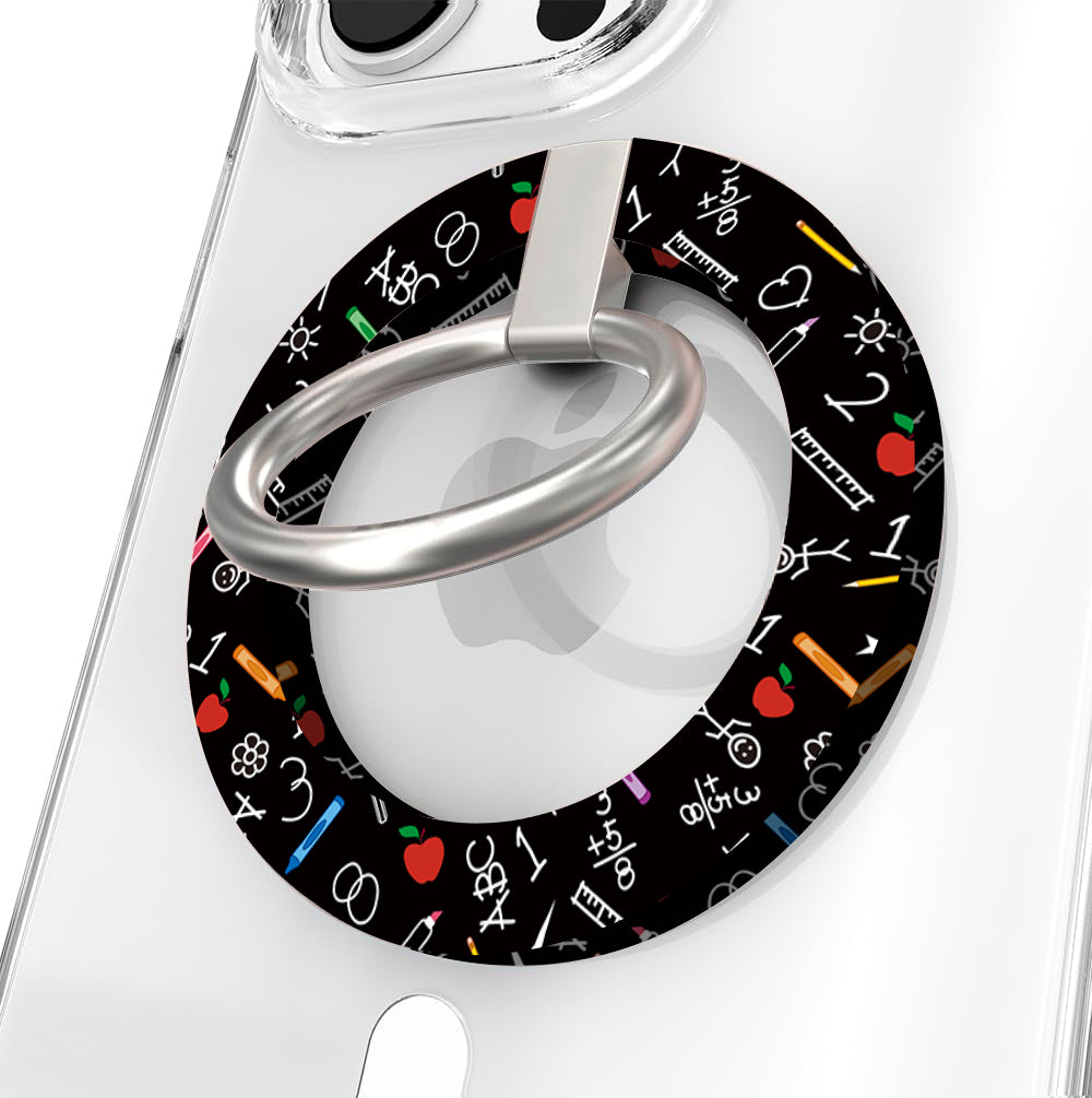 Teach Love Inspire school chalkboard pattern MagSafe phone grip ring with apples rulers and pencils compatible with iPhone and Samsung