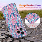 Sugarplum Square Wavy Luxe MagSafe iPhone case, pink gingerbread houses and blue pines, with shock-absorbing corners for drop protection