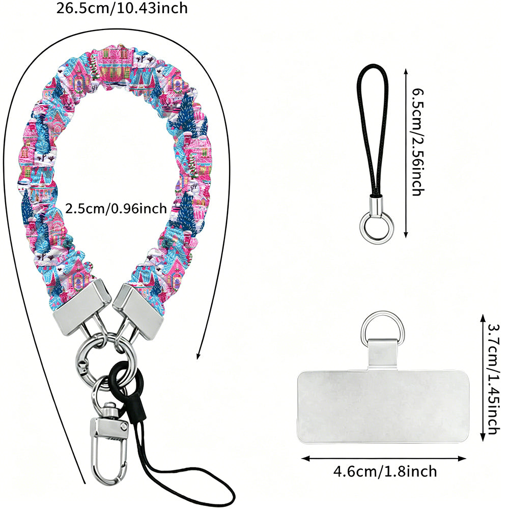 Sugarplum Square scrunchie wrist strap dimensions: 26.5 cm strap, 2.5 cm wide, 6.5 cm loop, 4.6 x 3.7 cm phone tab