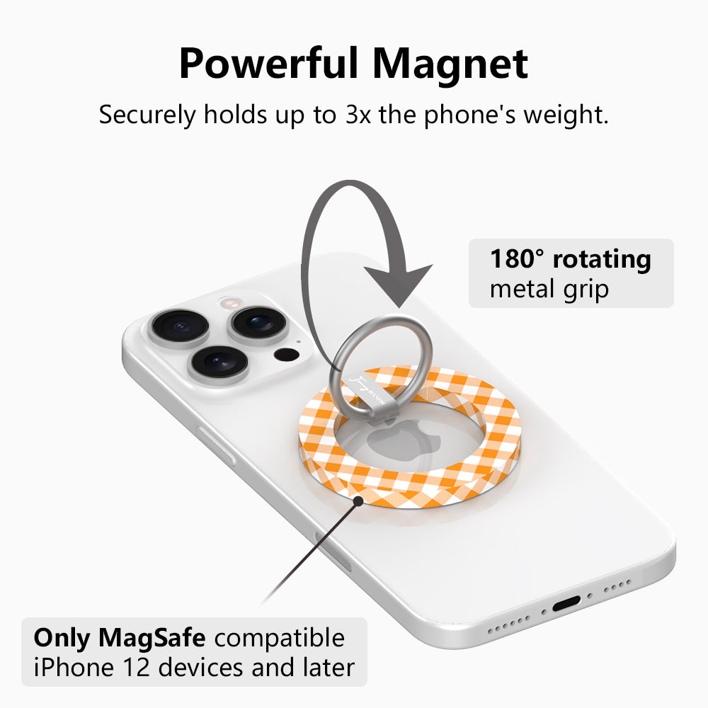 Happy Fall Y'all Hold It Fancy MagSafe grip ring with an orange gingham and pumpkin print from Fancy Bands